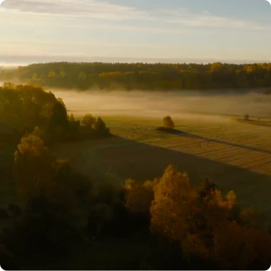 Drone overlooking green fields at dusk.