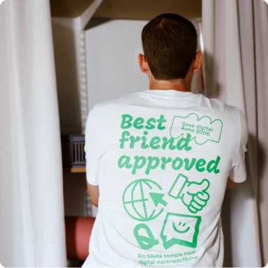 Man with "Best Friend Approved" t-shirt with his back turned